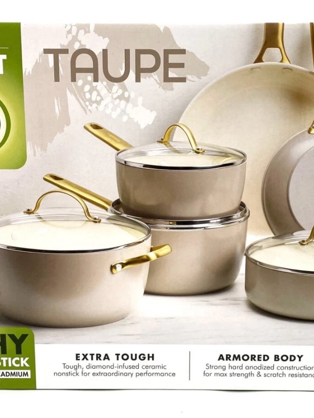 GreenPan Taupe Ceramic Nonstick Cookware Set with Gold Handles